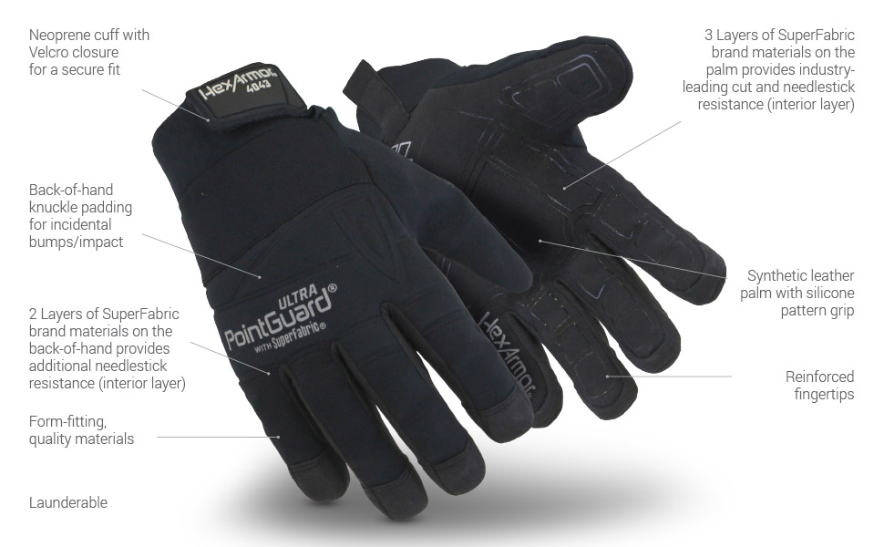 HexArmor PointGuard Ultra 4043 Black Needle Resistant Search Gloves for