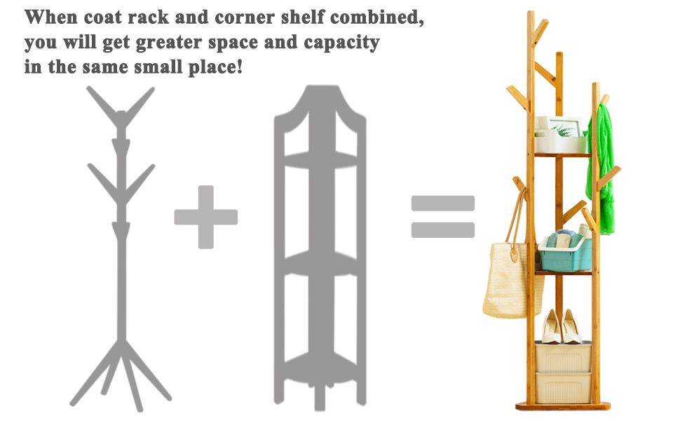 COPREE Bamboo Tree Garment Clothes Coat Hat Umbrella Portable Hanger Stand Rack with 3-Tier Storage Shelves and Hooks