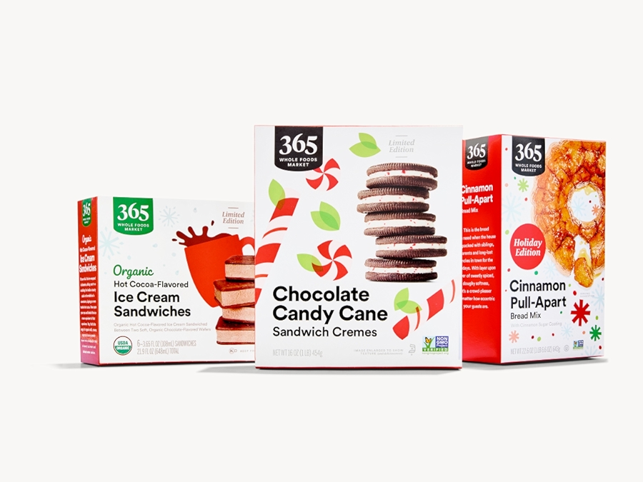 365 brand holiday sweets including chocolate candy cane sandwich cremes, hot cocoa ice cream sandwiches, cinnamon pull-apart bread mix