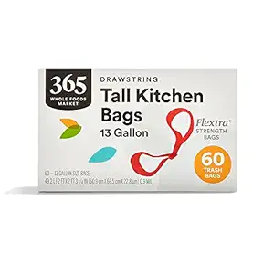 365 by Whole Foods Market, Flextra Strength Drawstring Tall Kitchen Trash Bags, 13 Gallon, 60 Count