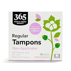 365 by Whole Foods Market, Non-Applicator Tampons, Made with Organic Cotton, Regular Absorbency, Unscented, 18 Count