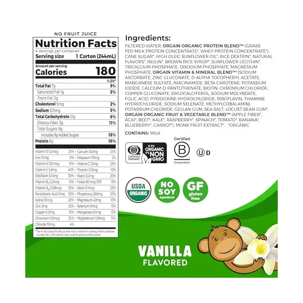 Organic Kids Vanilla Nutrition Protein Shake 4pk, 8.25 FZ 2
