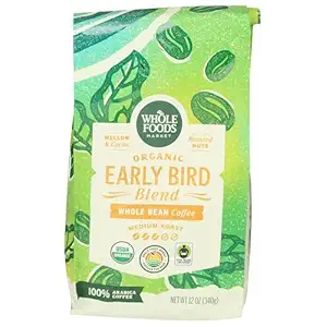 Whole Foods Market, Organic Early Bird Blend, Medium Roast Whole Bean Coffee, Cocoa & Roasted Nuts, 12 Ounce