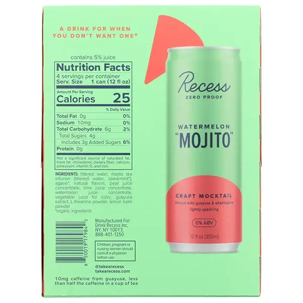 Non-Alcoholic Zero Proof Watermelon Mojito Mocktail 4pk Cans, 355 ML 4