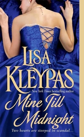Cover image for Mine Till Midnight by Lisa Kleypas. A woman in a deep blue dress with laces in the back. 