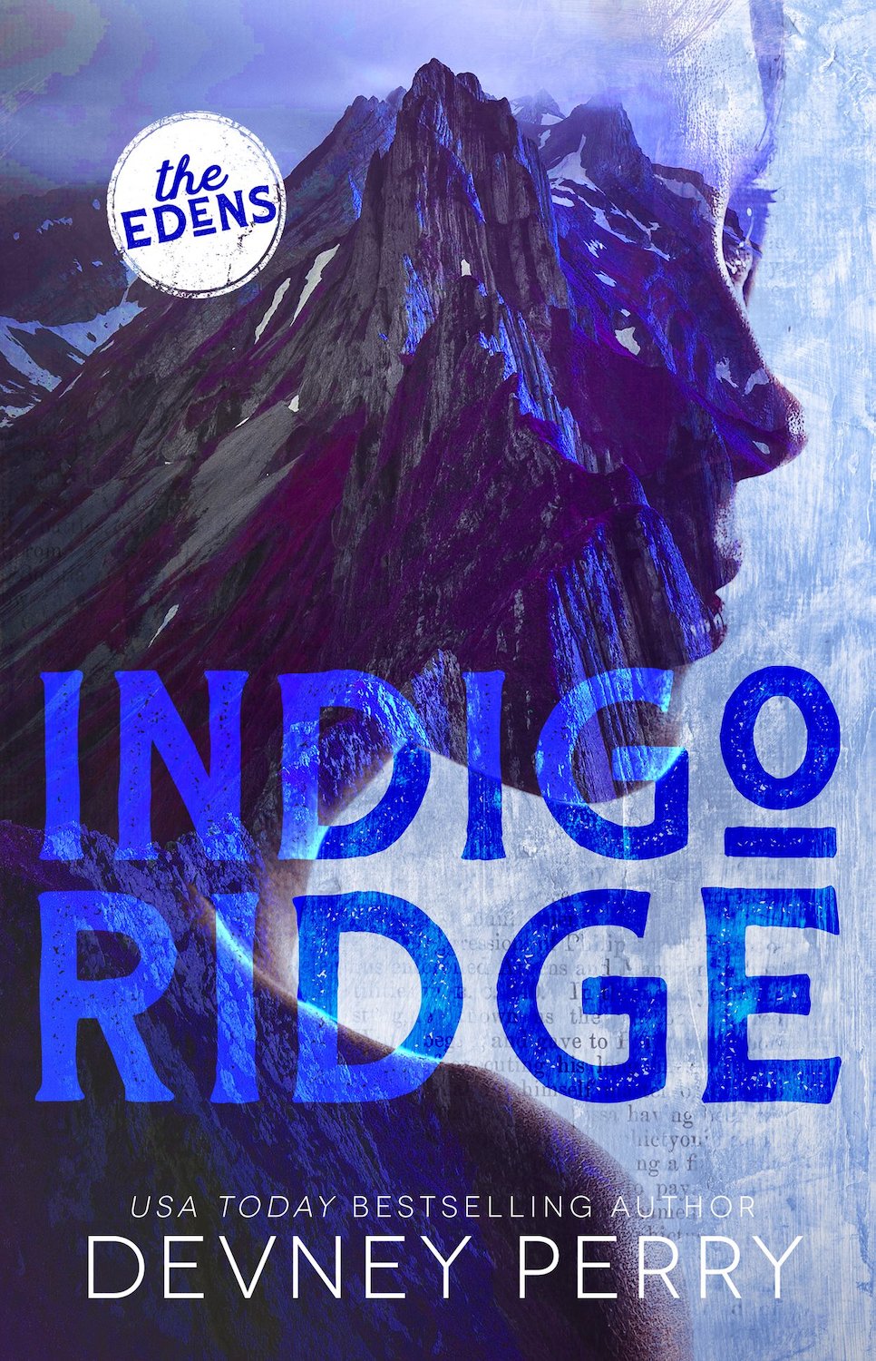 Book cover for Indigo Ridge by Devney Perry. Woman's face superimposed on a mountain in tones of blue.