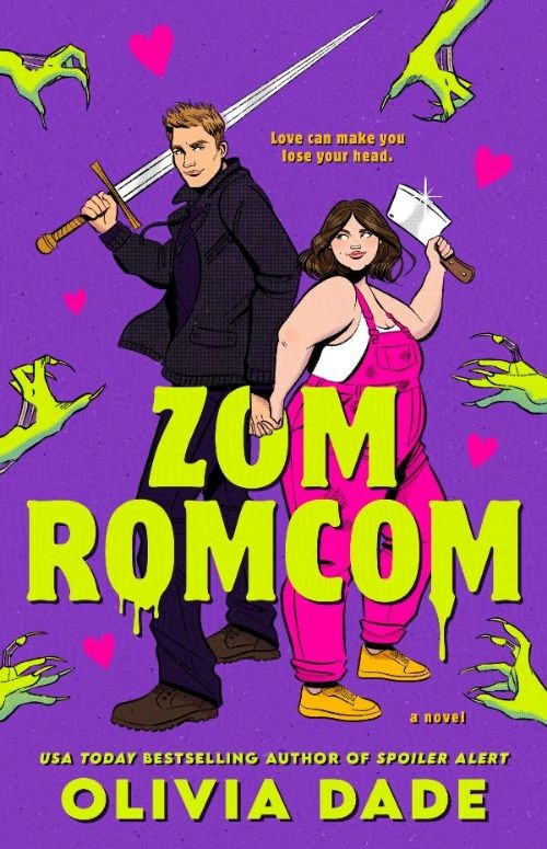 Cover image for the title ZomRomCom. On a purple background, there are two figures, a man in black and a woman in bright pink overalls. He is wielding a sword, she has a cleaver. There are green zombie hands reaching in from the sides of the book. The title is in green, with a dripping blood effect.