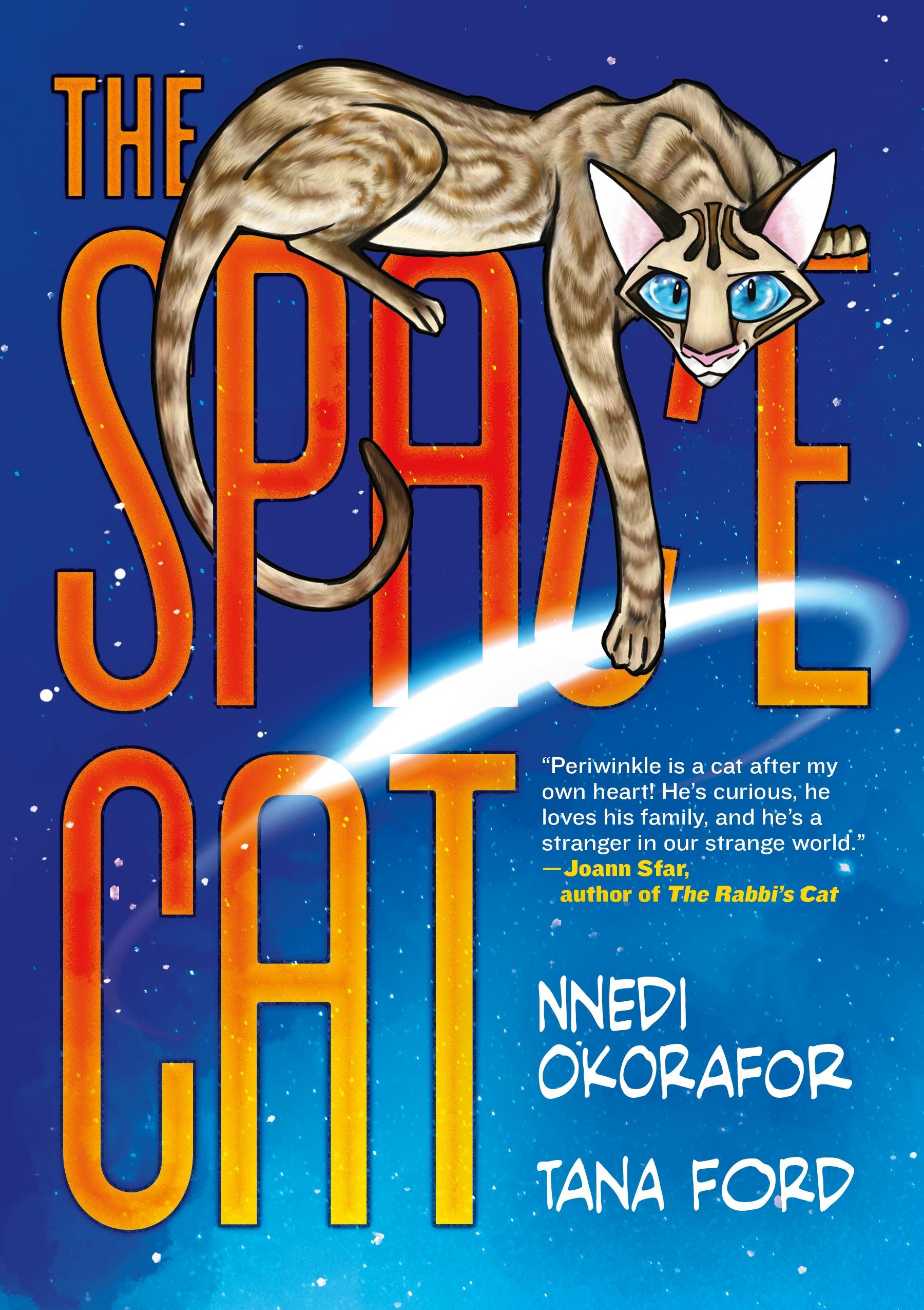 A blue eyed tabby cat lounging on top of the word Space with an outerspace background. 