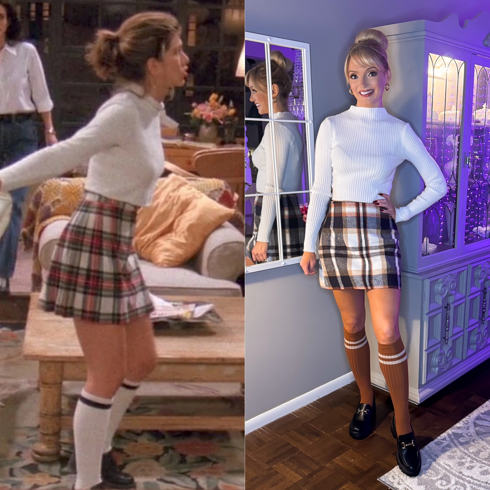 Amazon - Another fashion icon look re-creation with Rachel Green from Friends! This is such a classic 90s era look with the plaid mini skirt, mock neck top, knee socks, and loafers.