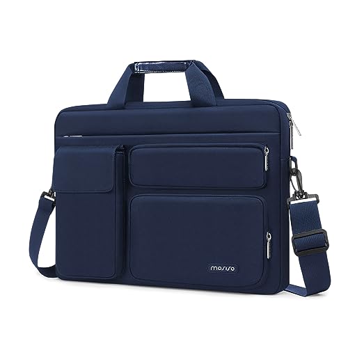 MOSISO Laptop Shoulder Messenger Bag Compatible with MacBook Air 15 inch M2 A2941 2023/Pro 16 2023-2019, 15-15.6 inch Notebook with 2 Raised&1 Flapover&1 Horizontal Pocket&Handle&Belt, Navy Blue
