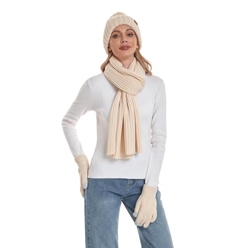 Coolprince Womens Winter Beanie Hat Long Scarf Touchscreen Gloves Set with Fleece Lined Warm Knit Beanie Cap with Pom Pom - Image 6