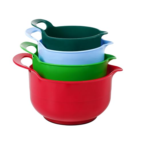 BoxedHome 4 Pack Nesting Mixing Bowl Christmas Set with Pour Spout and Handle, BPA free Microwave & Dishwasher Safe(Christmas colours, 4 Pack with Handle, Random colour silicone scraper included)