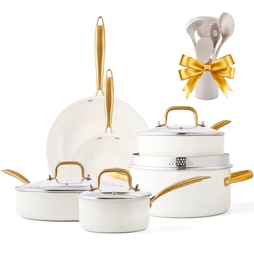 Granite Nonstick Cookware Set - Kitchen Pots and Pans With Dutch Oven, Frying Pan, Saucepan, Sauté Pan, Utensils - Gold Cookware Gifts