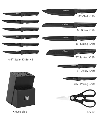 Hundop knife set, 15 Pcs Black knife sets for kitchen with block Self Sharpening, Dishwasher Safe, 6 Steak Knives, Anti-slip handle - Image 3