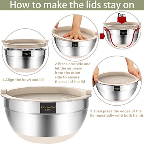 Umite Chef Mixing Bowls with Airtight Lids, 6 piece Stainless Steel Metal Nesting Storage Bowls, Non-Slip Bottoms Size 7, 3.5, 2.5, 2.0,1.5, 1QT, Great for Mixing & Serving (Khaki) - Image 6