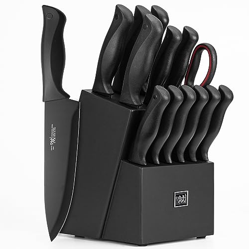 Knife Sets for Kitchen with Block, HUNTER.DUAL 15 Pcs Kitchen Knife Set with Block Self Sharpening, Dishwasher Safe, Anti-slip Handle, Black