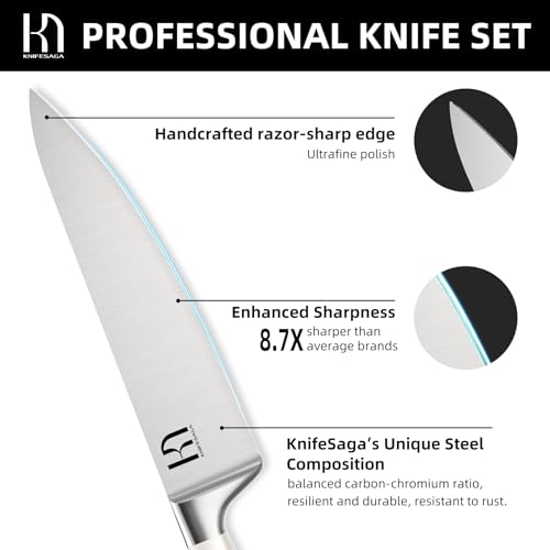2023 Design KnifeSaga Knife Set, 15 Piece Japanese High Carbon Stainless Steel Knife Sets for Kitchen with Block and Sharpener, Razor Sharp Chef Knives Set with Ergonomic Handle, White - Image 3
