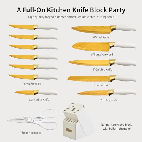 Knife Set, Non Stick Thick and Sharp Stainless Steel Kitchen Knives Set with Wood Block, 14 Pcs Cutlery Knives Block Set with Steak Knife, Bread Knife, Scissors, Chef Quality (White) - Image 3