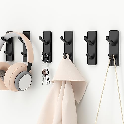 Self Adhesive Wall Hooks for Hanging: Stick-On Hooks Hold 13 LB, Black Coat Hook,Towel Hooks For Bathrooms,Shower Hooks for Wall,Door Hooks Hanging Towel, Kitchen Hook,Metal hooks for hanging,6 Pack
