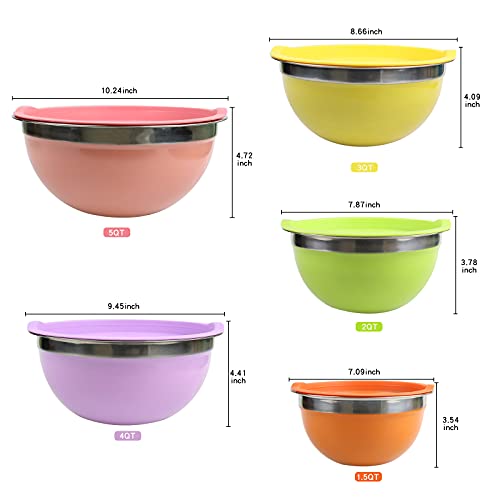 Raking Stainless Steel Mixing Bowls With Colorful Lids (Set of 5), Large Capacity Nesting Metal Bowls for Space Saving Storage, Great for Kitchen, Camping, Cooking, Baking, Serving, Prepping (Multi) - Image 5
