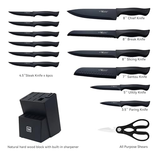 Knife Sets for Kitchen with Block, HUNTER.DUAL 15 Pcs Kitchen Knife Set with Block Self Sharpening, Dishwasher Safe, Anti-slip Handle, Black - Image 3