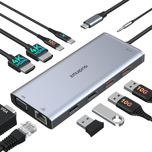 USB C Docking Station Laptop Docking Station Dual Monitor for Dell HP Lenovo Surface Docking Station Dual HDMI Monitors USB C Dongle with 2 HDMI,VGA,10G USB A/C Port,100W PD,USB C Hub for Laptop