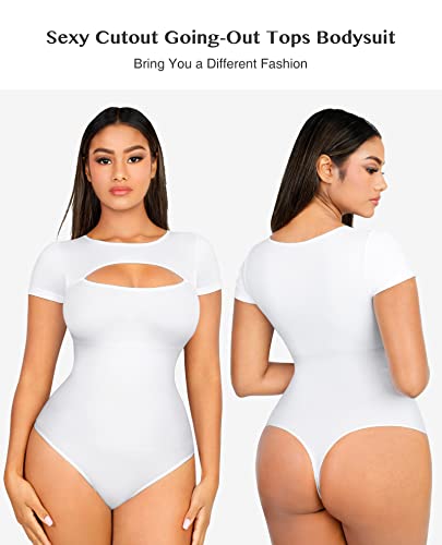 FeelinGirl Women's Cutout Front Short Sleeve Bodysuit Top Thong Shapewear for Women Tummy Control Going Out Body Shaper - Image 3