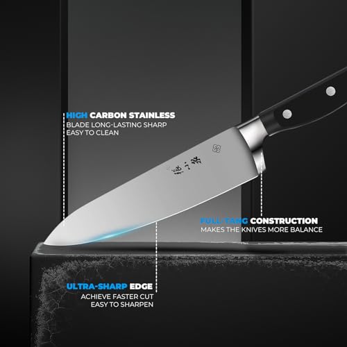 Kitchen Knife Set, Triple Rivet Kitchen Knife Set High Carbon Stainless Steel Knife Sets for Kitchen with Block, Knife Sharpener and Kitchen Shears, Dishwasher Safe, Black, 8Pcs - Image 4