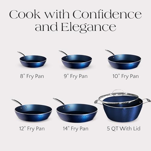 OrGREENiC Ceramic Pots and Pans for Cooking - 10 Piece Cookware Set with Glass Lids, Blue Hammered Design, Elegant, Lightweight & Durable Non Stick Pans for All Stove Top Designs, Oven Use up to 500°F - Image 6