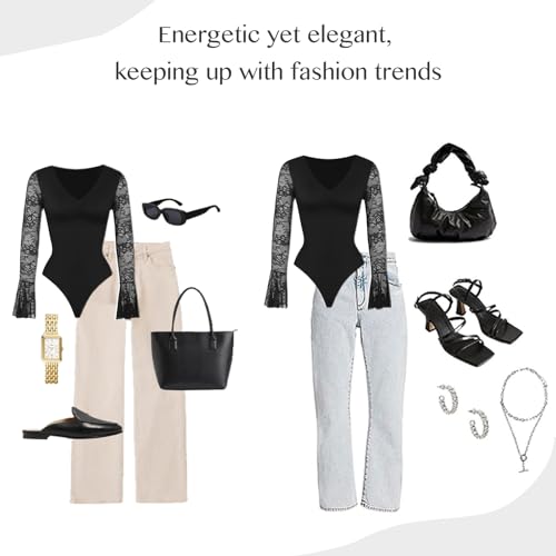 FeelinGirl Bodysuit for Women Deep V Neck Long Bell Sleeve Tops for Tummy Control Thong Sheer Lace Shaper S-2XL - Image 4