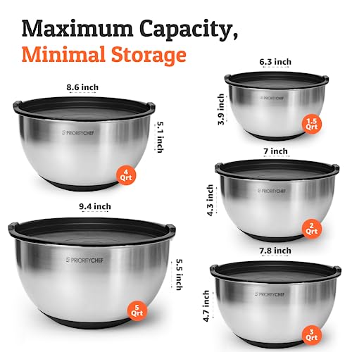 Priority Chef Premium Stainless Steel Mixing Bowls With Airtight Lids - Thick Metal Nesting Bowls for Kitchen, 1.5/2/3/4/5 Quart, Black - Image 4