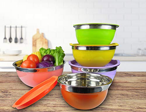 Raking Stainless Steel Mixing Bowls With Colorful Lids (Set of 5), Large Capacity Nesting Metal Bowls for Space Saving Storage, Great for Kitchen, Camping, Cooking, Baking, Serving, Prepping (Multi) - Image 3