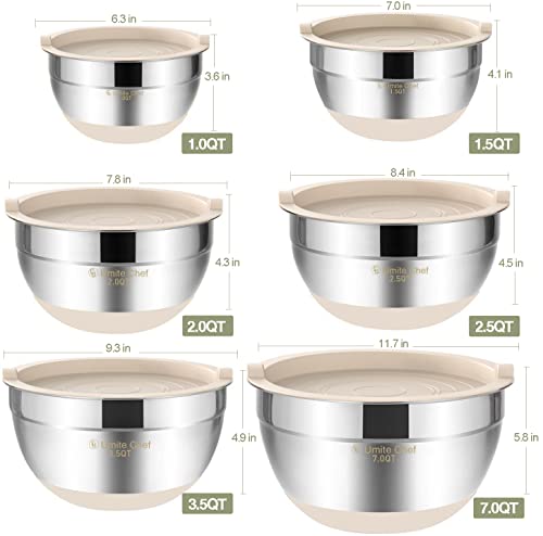 Umite Chef Mixing Bowls with Airtight Lids, 6 piece Stainless Steel Metal Nesting Storage Bowls, Non-Slip Bottoms Size 7, 3.5, 2.5, 2.0,1.5, 1QT, Great for Mixing & Serving (Khaki) - Image 7