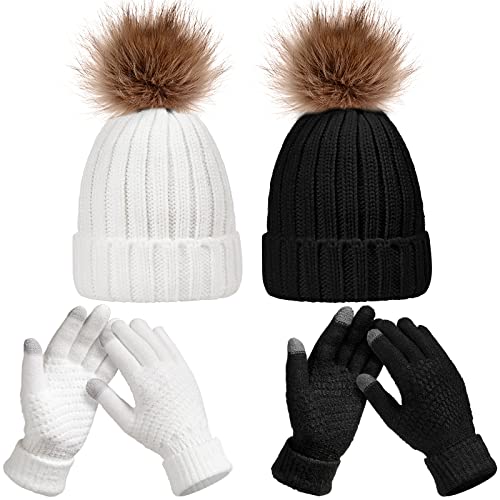 4 Pieces Women Winter Knitted Beanie Hat Glove Set Skull Cap Touchscreen Gloves