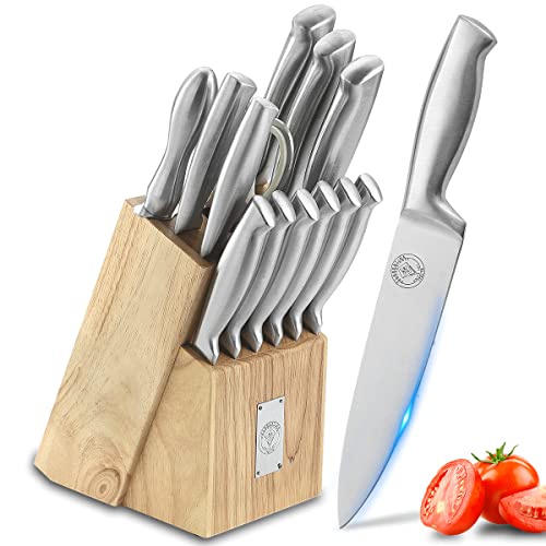 Wanbasion Kitchen Knife Set with Block and Sharpener, German Stainless Steel Knives Set for Kitchen, Chef Knife Sets for Kitchen with Block Steak Knives Scissors Dishwasher Safe Silver 14 Piece