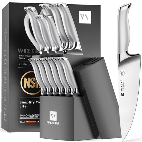 WIZEKA Kitchen Knife Set with Block, 15PCS Dishwasher Safe Knife Block Set with Sharpener, One-Piece Stainless Steel Kitchen Knives, Silver Wings Series, Valentines Day Gifts for Him Her