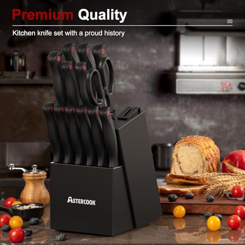 Astercook 15 Piece Knife Set with Sharpener Block - German Stainless Steel, Dishwasher Safe Kitchen Knives with Built-In Sharpener, Black - Image 6
