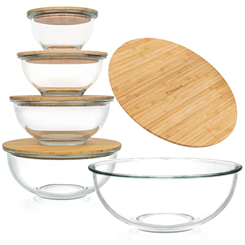 dokaworld Glass Mixing Bowls - Nesting Bowls - Cute Collapsible Glass Bowls with Lids Food Storage - 5 Stackable Microwave Safe Glass Containers - Salad Bamboo Mixing Bowls - Baking Bowls for Kitchen