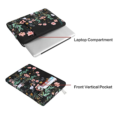 MOSISO Laptop Sleeve Compatible with MacBook Air 15 inch M2 A2941 2023 / Pro 15 A1990 A1707, 15 Surface Laptop 5/4/3, Dell XPS 15, HP Stream 14, Wild Flowers Polyester Vertical Bag with Pocket, Black - Image 5