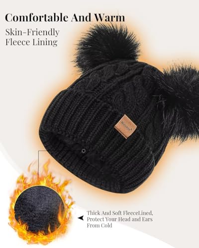 Winter Hat Scarf Glove Set for Women, Fleece Lined Beanie with Double Pom Pom, Touchscreen Gloves Knit Scarf for Cold Weather - Image 6