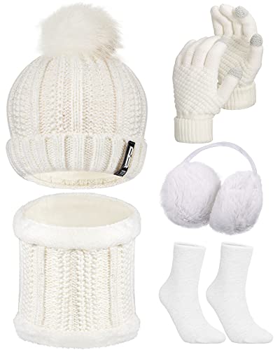 5 Pieces Women Winter Ski Outing Set, Knit Hat Scarf Gloves Earmuffs Stockings