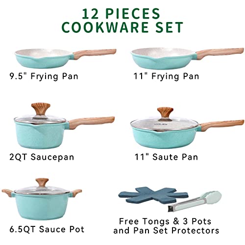 KOLEX Nonstick Cookware Sets,12-Piece Kitchenware Pots and Pans Set Granite Coating,Includes Frying Pans,Deep Frying pans,Stockpots And Cooking Tools,Suitable For All Stove,100% PFOA Free,Turquoise. - Image 3