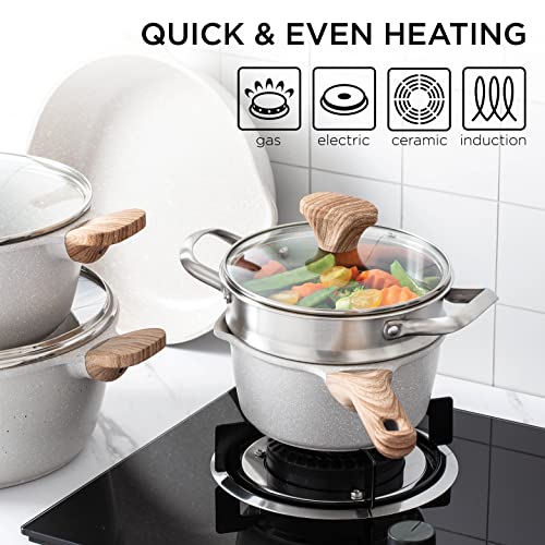 Country Kitchen Induction Cookware Sets - 13 Piece Nonstick Cast Aluminum Pots and Pans with BAKELITE Handles, Glass Lids -Cream - Image 8