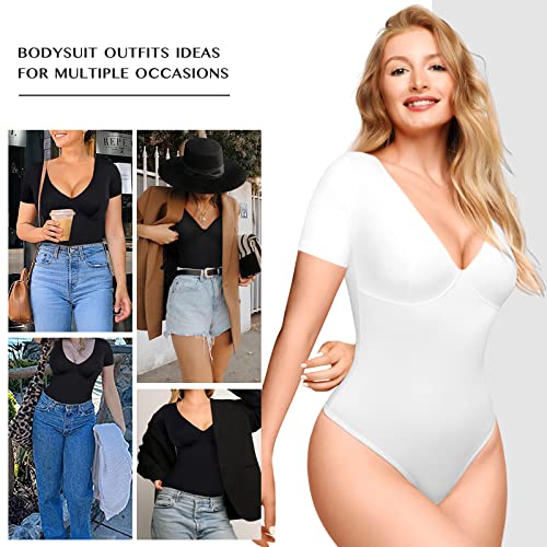 FeelinGirl Bodysuit for Women Tummy Control Slim Body Shaper V Neck Going Out Bodysuit Tank Top Snatched White Body Suit - Image 5