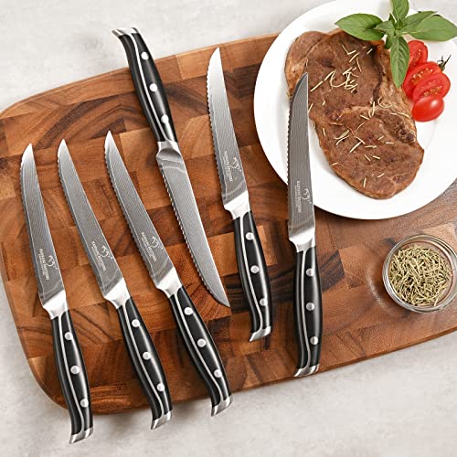 Damascus Knife Set with Block for Kitchen, VG10 Steel and Triple Rivet Handle, Included Serrated Steak Knife Set of 6, Meat Fork, Chef Knife Set, Knife Sharpener,Kitchen Scissor, Knife Block Set - Image 6