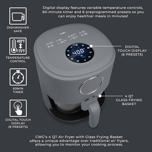 COOK WITH COLOR Colorful 1200W 4Qt Air Fryer: Glass Basket, Dishwasher Safe, 60min Timer, 6 Presets, Temp Control 175F-400F, 4 QT, Grey - Image 4