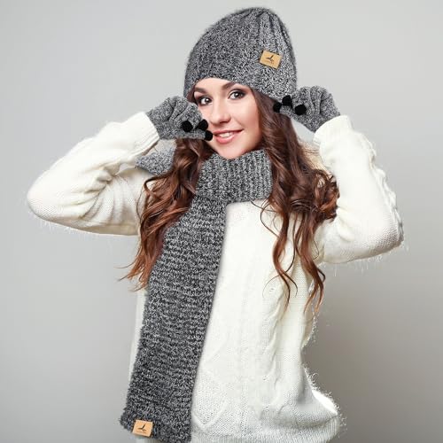 Winter Beanie Hat Scarf Gloves, Warm Fleece Knit Hat Long Scarf Neck Warmer Touch Screen Winter Gloves Set Gifts for Women - Image 7
