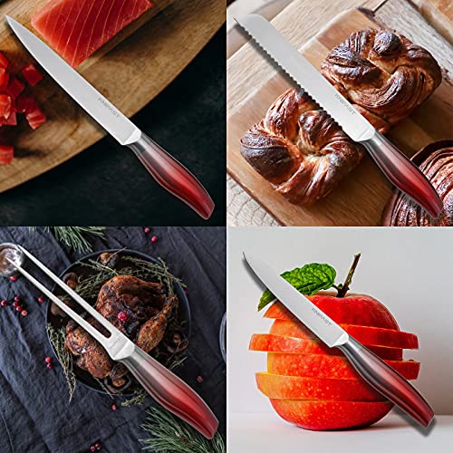 Knife Set With Block, KNIFAST Full Tang 17-Pieces Kitchen Knife Set With Block Wooden German Stainless Steel Cutlery With Knife Sharpener & 6 Steak Knives (Red) - Image 7