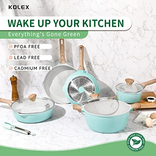 KOLEX Nonstick Cookware Sets,12-Piece Kitchenware Pots and Pans Set Granite Coating,Includes Frying Pans,Deep Frying pans,Stockpots And Cooking Tools,Suitable For All Stove,100% PFOA Free,Turquoise. - Image 4