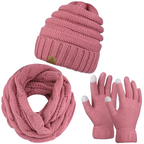 URATOT Winter Knitted Warm Set Infinity Scarf and Beanie Hat Touch Screen Gloves Winter Gifts for Men and Women